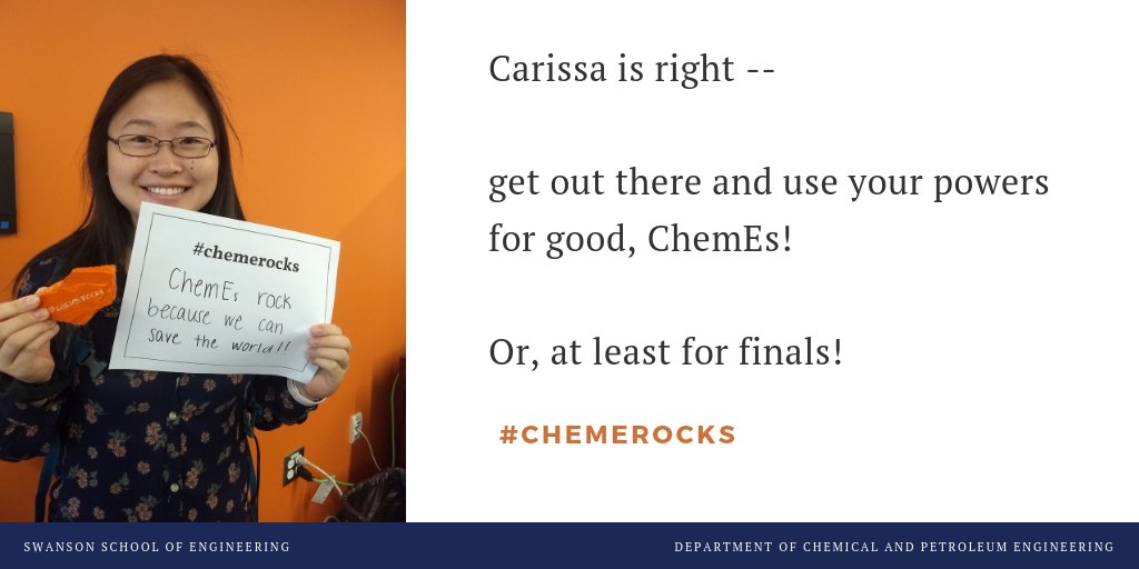 PittChemEugrad's tweet photo. We agree -- ChemEs can change the world! #itsgoodtobecheme #chemerocks https://t.co/TVKFmSjyaH