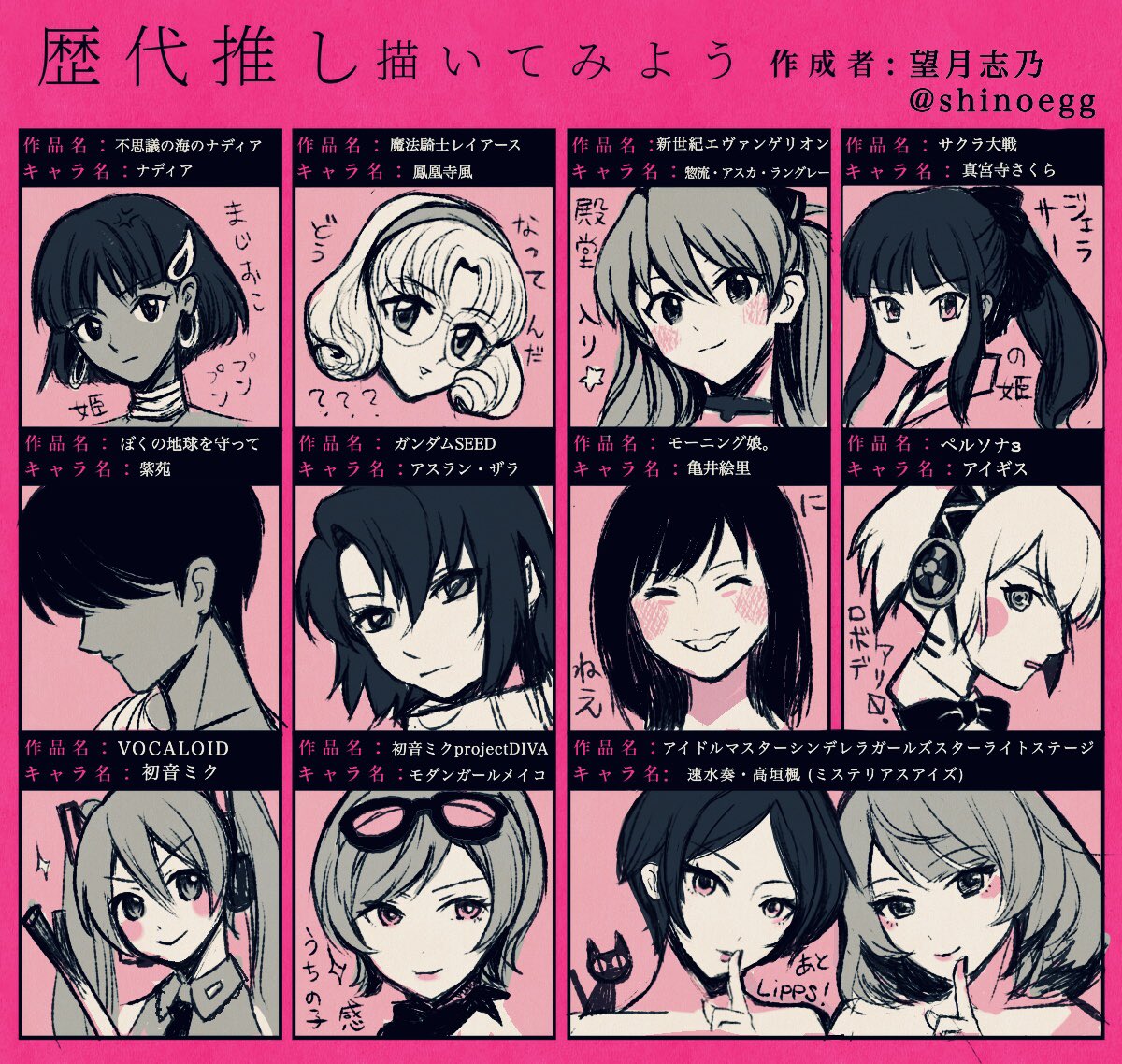 望月志乃 新刊12 23発売 歴代推し描いてみよう 貞本義行の絵に衝撃を受け Clampを通ってからアスカでオタク界に沈み 藤島康介ルートに入った後で 女オタの通過儀礼 をこなし 3次元アイドルを応援してみたりペルソナ3にドハマりしたり ボカロ沼に