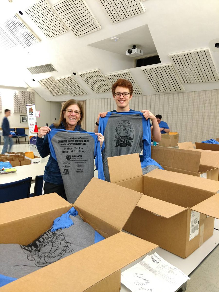SayreTurkeyTrot's tweet photo. Race excitement builds tonight! THANK YOU Guthrie Sayre Turkey Trot volunteers for stuffing almost 800 race packets, organizing 1000 race shirts, and moving cases of water and snacks tonight. You are the best! https://t.co/nAHjaRXRlP