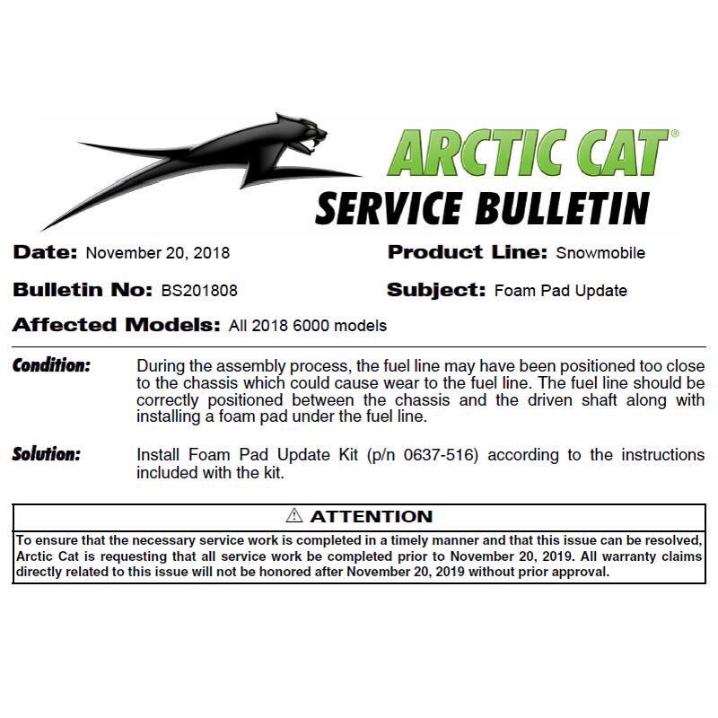 CountryCatInc's tweet image. SERVICE BULLETIN: Arctic Cat just released a service bulletin for an update to the fuel line routing on all 2018 6000 snowmobile models. 

If you own one of these models, please call us to get your unit scheduled in for the update. This work will be performed at no cost to you.