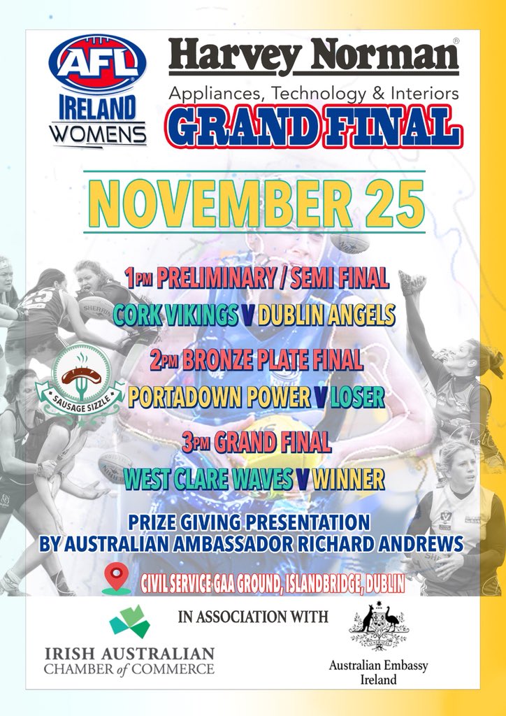 aflw_ireland's tweet image. The countdown is on &amp;amp; the fixtures are set for the first ever Finals Day of the inaugural @harveynormanIE  AFL Ireland Women’s Premiership, in association with @irishchamber  &amp;amp; @ausembassy. 

Action from 1pm this Sunday 25th Nov in Islandbridge.
#AWholeNewBallGame  #20x20