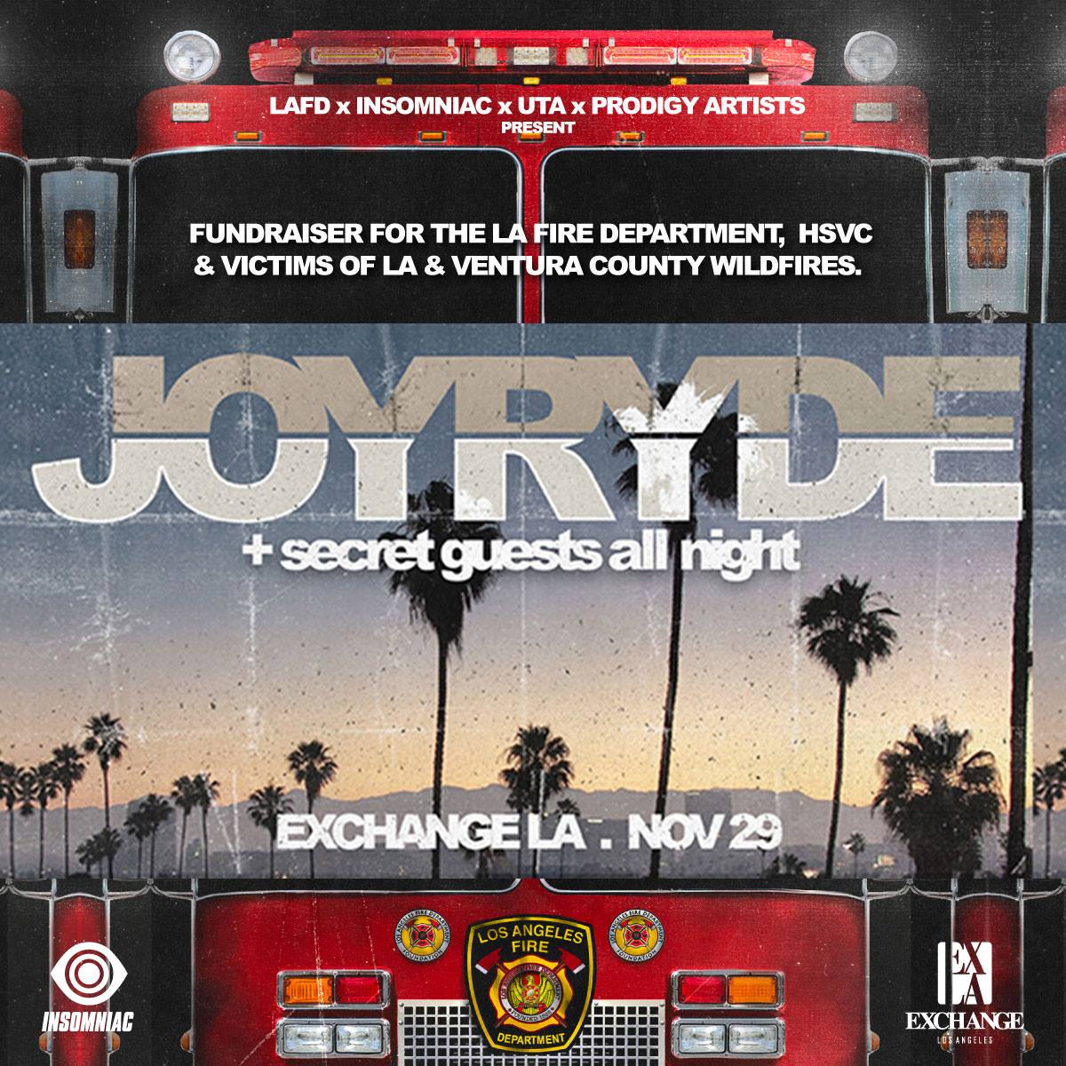 ExchangeLA's tweet photo. Thursday, 11/29 @LAFD x @insomniacevents x @unitedtalent x Prodigy Artists present @enJOYRYDE for a #LAFD Fundraiser!

Tickets: https://t.co/Vkw7CkQVsz

Can’t make the show, but would still like to help? Donate here: https://t.co/0b0Ult7gFC https://t.co/B2sZDD2UFq
