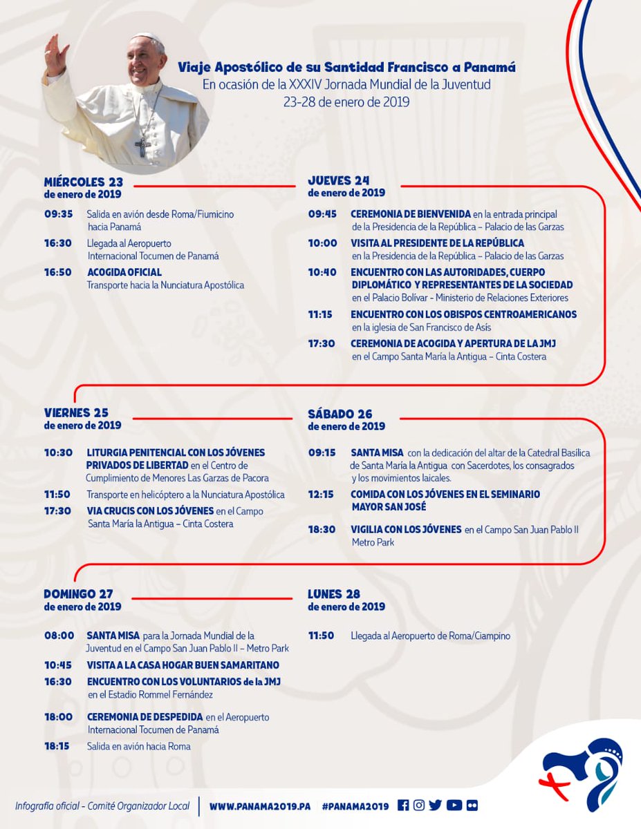 Dan a conocer el itinerario de la visita del Papa Francisco a Panamá para la Jornada Mundial de la Juventud. Su Santidad llega el miércoles 23 de enero, a las 4:30 de la tarde al Aeropuerto de Tocumen.