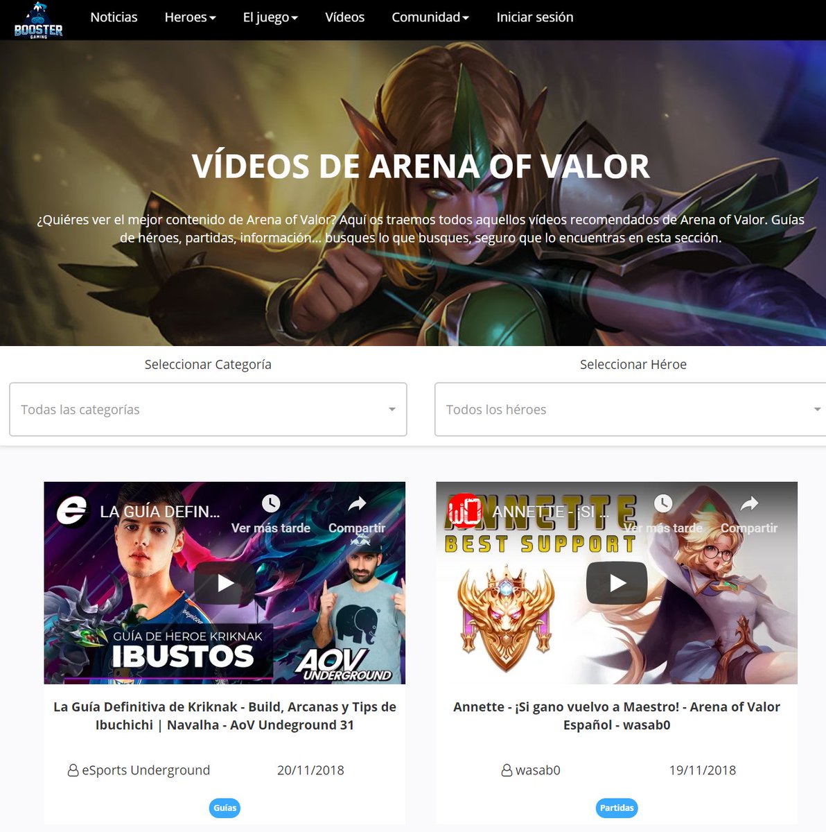 Ya se han sumado a la nueva sección:

<a href="/Jeyvix/">Jeyvix</a> 
<a href="/eSportsUnd/">...</a> 
<a href="/wasab0/">wasab0</a>  
<a href="/Dannireds/">D Λ N N I   R Ξ D S</a> 
<a href="/Daymelto/">Daymelto</a> 
<a href="/gallettube/">gallet</a>

También puedes enviarnos tus vídeos de Youtube a contact@boostergaming.com.

¡Las guías también aparecen en la ficha del héroe!

boostergaming.com/aov/multimedia…

#ArenaofValor #AoV
