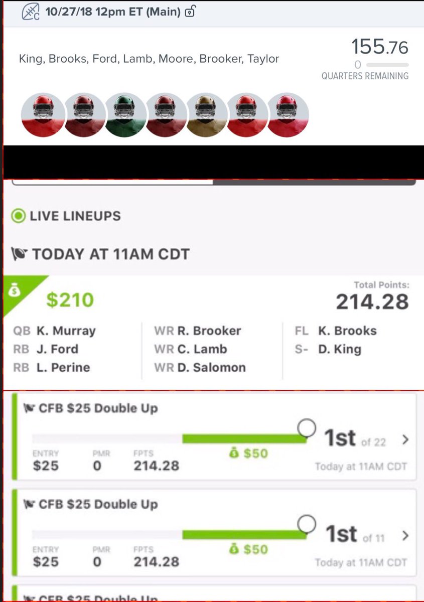 DFStradamus's tweet photo. $15 for the rest of college football. 12-1 record this year! Includes Draft Kings and FanDuel lineup, along with parlay. #parlay #collegefootballlineups https://t.co/5BVKmlM5QV