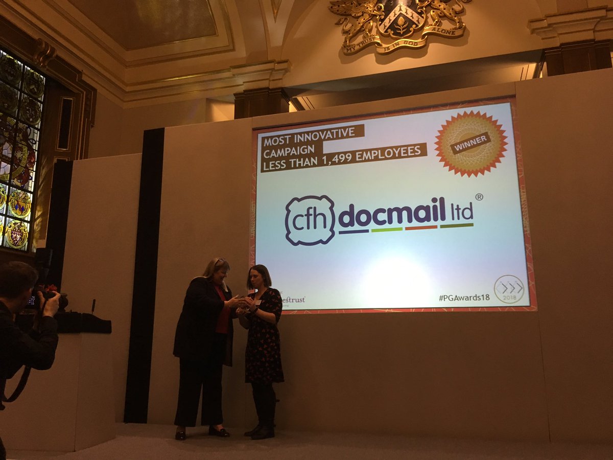 The winner of Most Innovative Campaign - Small Employer is… @CFHDocmailLtd  #NPGEA2018 #PayrollGiving #GiveasYouEarn #Congratulations