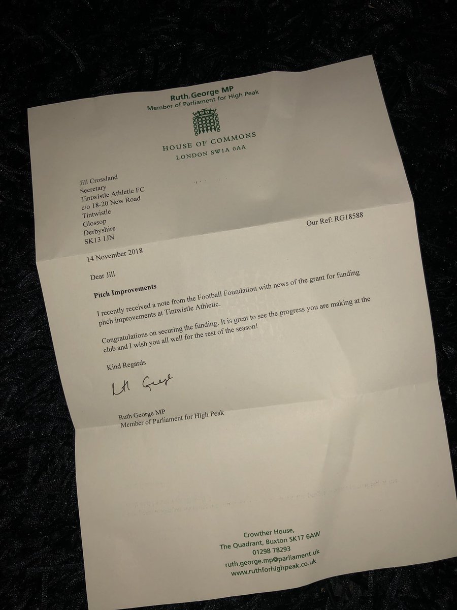 TinnyAthleticFC's tweet photo. Nice to receive a well done letter today from @RuthGeorge6 congratulating us on our recent successful @FootballFoundtn @FA @premierleague Facilities Fund grant to extend, level & drain one of our pitches. #FacilityDevelopment #TopClassFacilities #OnlyTheBestWillDo #HouseOfCommons https://t.co/p9FY5M9Iwk