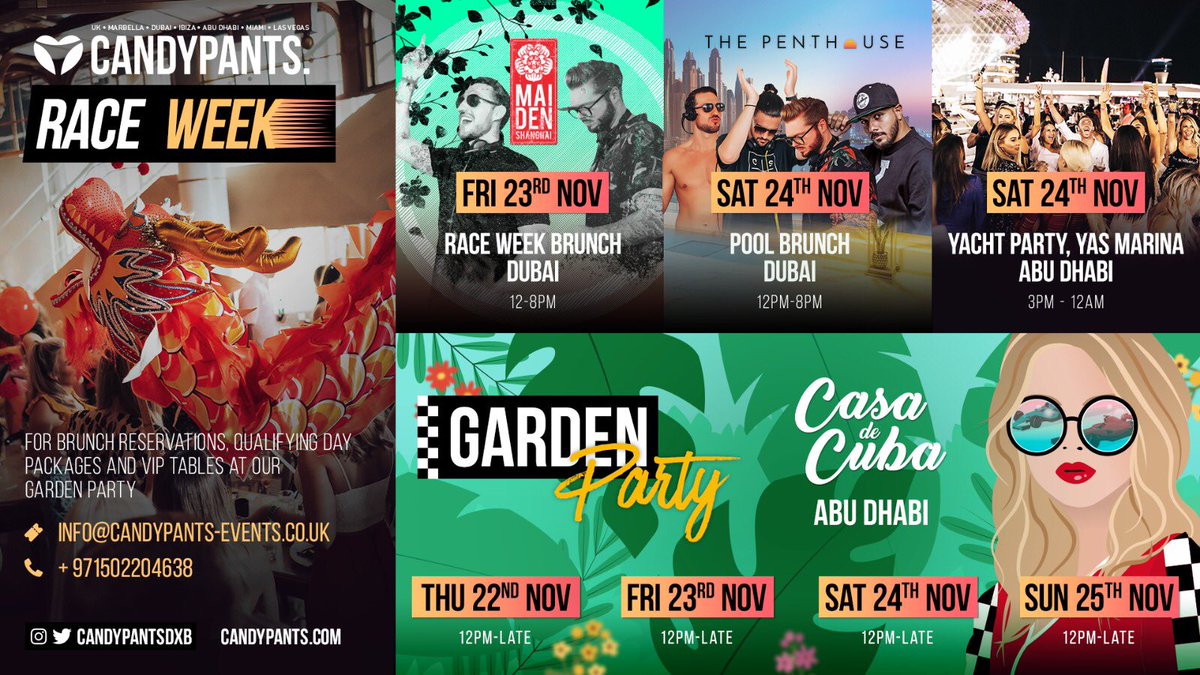 CandypantsDXB's tweet image. An unbelievable line up for Race Week starting Thursday 22nd right through to Sunday 25th in Dubai and Abu Dhabi #Brunch #PoolBrunch #YachtParty #GrandPrixGarden 🏎

info@candypants-events.co.uk