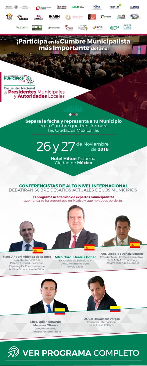Te presentamos los conferencistas internacionales que no debes perderte en el Encuentro de Presidentes Municipales.

26 y 27 de noviembre
Hotel Hilton Reforma, CDMX
📍bit.ly/2DCQ1gs 

Registro: conferenciademunicipios.mx 

#CAM2018 #LosMunicipiosHacemosFuerteAMéxico