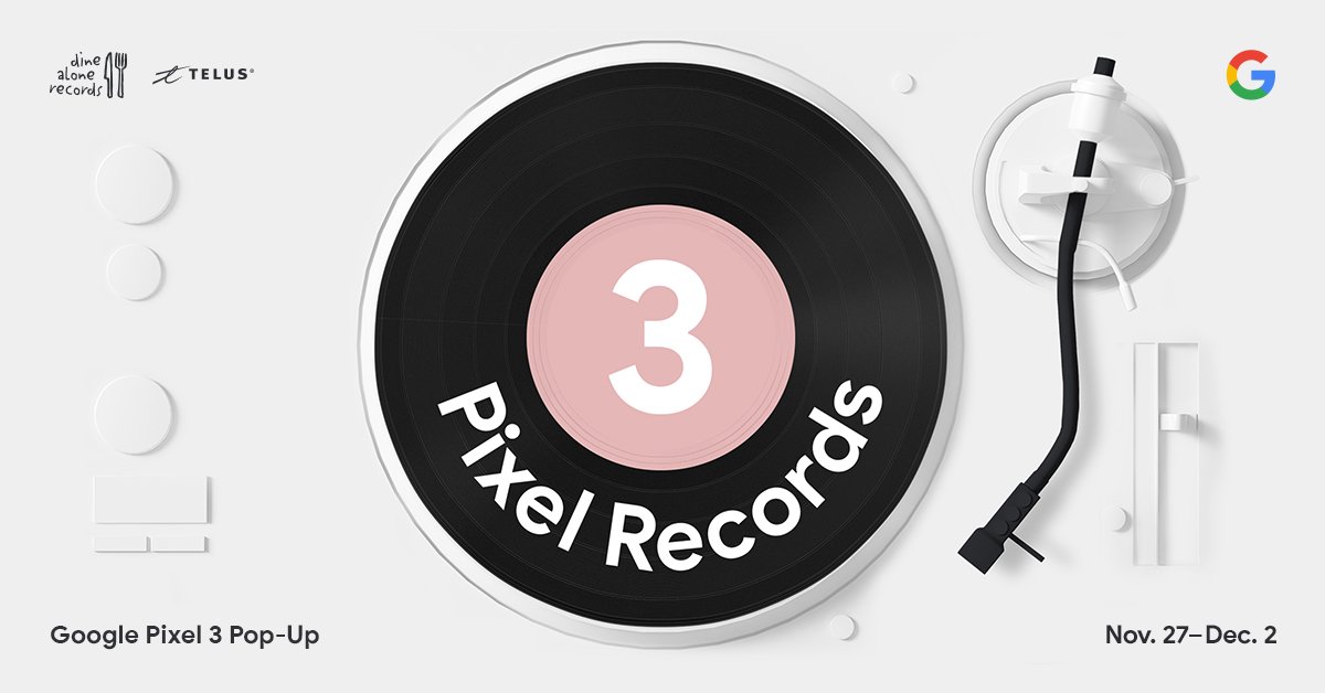 googlecanada's tweet photo. Attention #Toronto! Meet the @Google Pixel 3 at #PixelRecords, an interactive record store in partnership with @dinealonemusic and @TELUS. We'll be at 202 Queen St. W from Nov. 27-Dec. 2. RSVP now https://t.co/VgTi0VdnNt https://t.co/8uamD73fjn