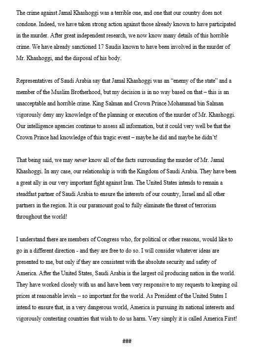 jcartillier's tweet photo. Donald Trump statement on the murder of Jamal Khashoggi.
For the record. https://t.co/CIVEMIXiP4