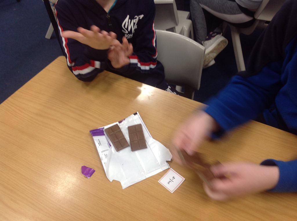 YR5PDCS's tweet image. It was a &apos;delicious&apos; fraction lesson for 5-1 today using chocolate to help them! Some great discussion and questioning between the groups, da iawn! #understandingfractions #creativelearning