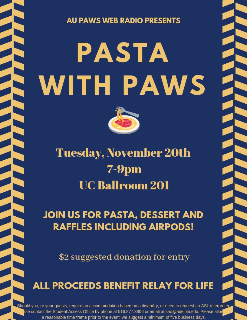 TONIGHT! Come to the UC Ballroom for pasta, dessert and raffles all benefitting Relay for Life💜🐾🍝