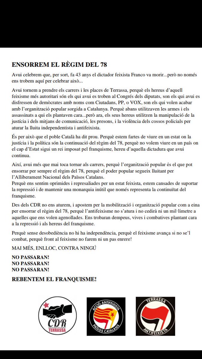 CDRTrrssaEst's tweet photo. 🔴Ensorrem el règim, esclafem el franquisme fins a fer-lo xixina. Aixafem el seu llegat que encara ens vol anul.lar o aniquilar.
FORA EL FRANQUISME DELS NOSTRES BARRIS!!! https://t.co/kgyrXBxg3f