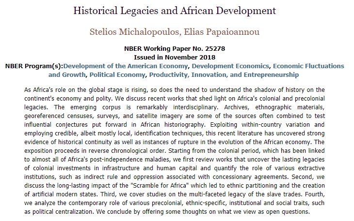 Historical legacies and African development, from Stelios Michalopoulos and @EliasPapaioann2 nber.org/papers/w25278 #Africa #DevelopmentEconomics