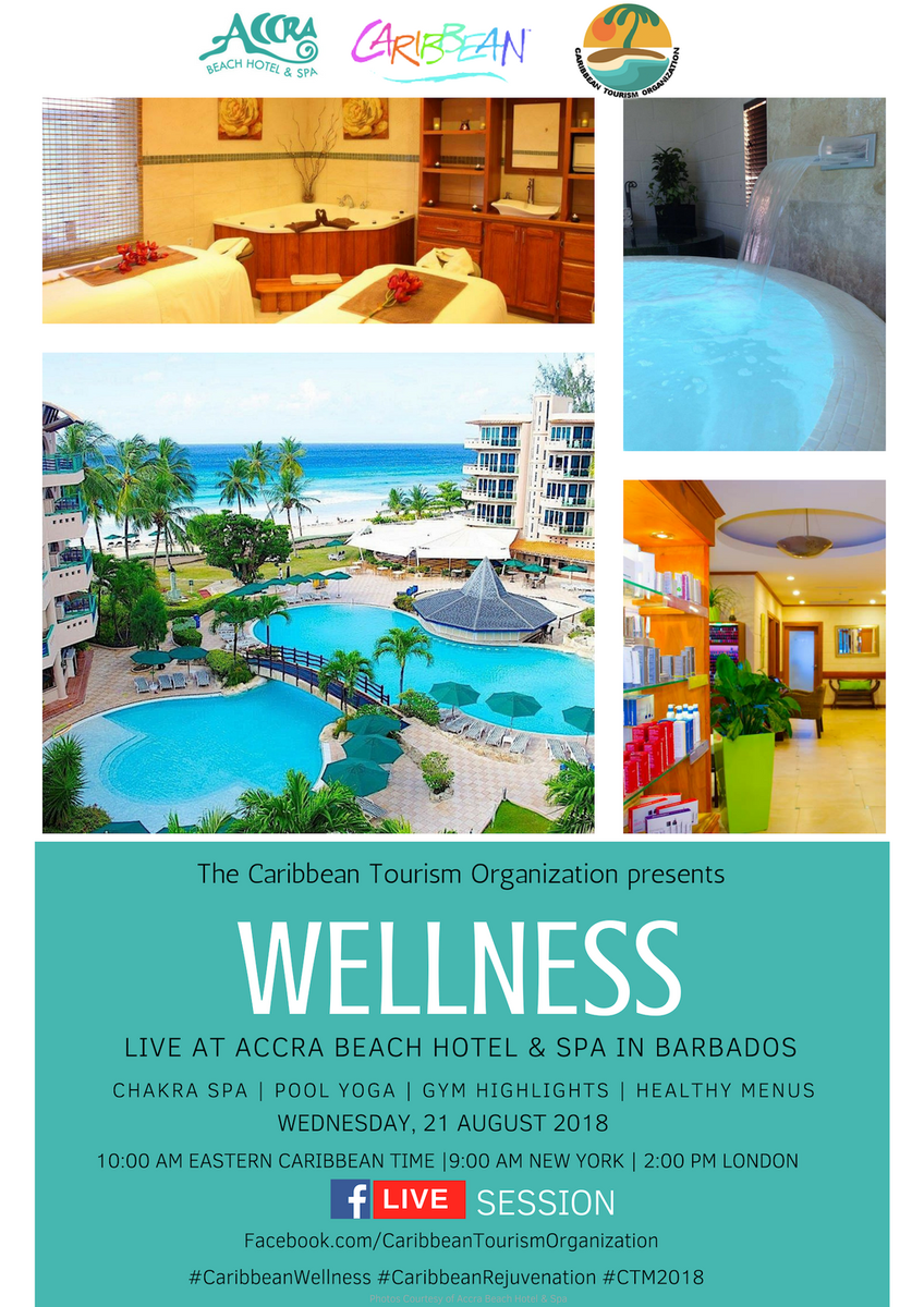 ctotourism's tweet photo. Join us again tomorrow for another #CaribbeanWellness discussion. We'll be live at Accra Beach Hotel in Barbados showcasing all of the unique wellness offerings that the property has to offer. Tune in via https://t.co/Q9OmYViVXw. #CTM2018 https://t.co/yIvnPKz2IW