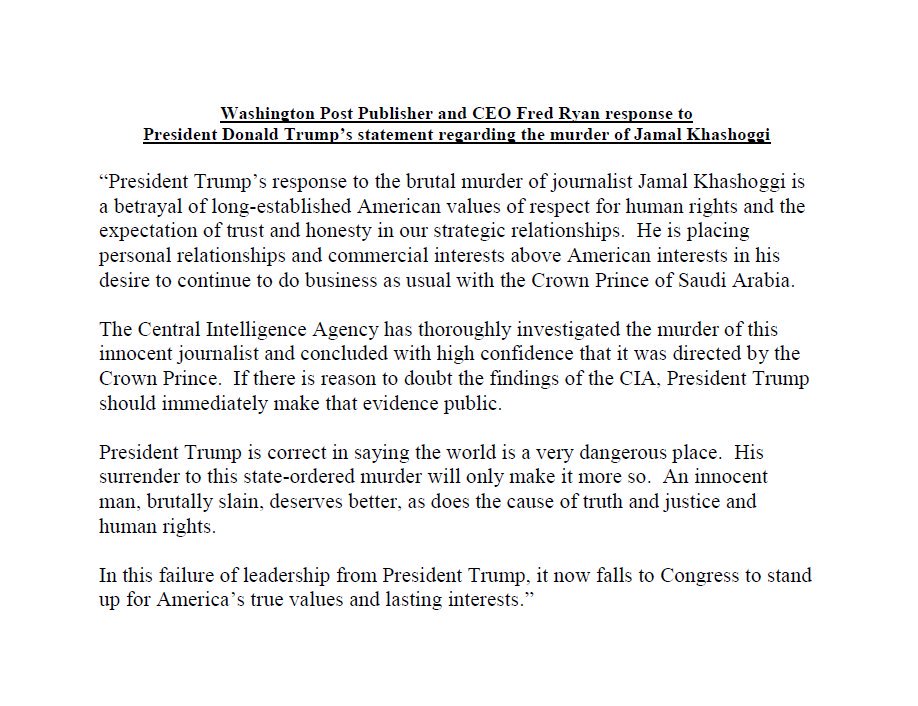 BREAKING: Washington Post publisher says Pres. Trump's solidarity with Saudi Arabia after Khashoggi killing is betrayal of American values and failure of leadership, and calls for president to release evidence if there is reason to doubt CIA's conclusion. nbcnews.to/2DA3Qex