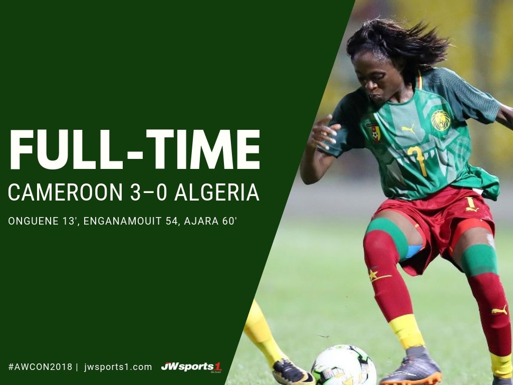 JWsports1's tweet image. FULL-TIME: 🇨🇲3-0 🇩🇿
⚽️13' @OngueneGabri  
⚽️54' @NicoGaellenica 
⚽️60 @AjaraNjoya 

🔥🇨🇲#IndomitableLionesses extend perfect start. #AWCON2018  // #TotalAWCON18