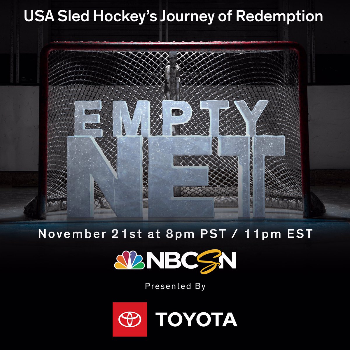 TFAGroup's tweet photo. Excited to announce that @NBCSN will be re-airing #EmptyNetFilm Presented By @Toyota at 11pmEST/8pmPST tomorrow night. #LetsGoPlaces #SledHockey #ParalympicMovement https://t.co/2YZIWCfAf9