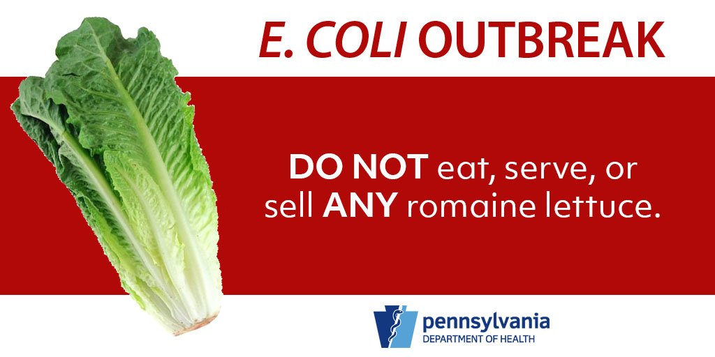 PAHealthDept's tweet photo. ⚠️ Outbreak Alert! DO NOT eat, serve, or sell ANY romaine lettuce. The @CDCgov is investigating E. coli outbreak linked to romaine lettuce. Learn more from the CDC → https://t.co/h3iE9kYqmV https://t.co/V27FMsxkiQ
