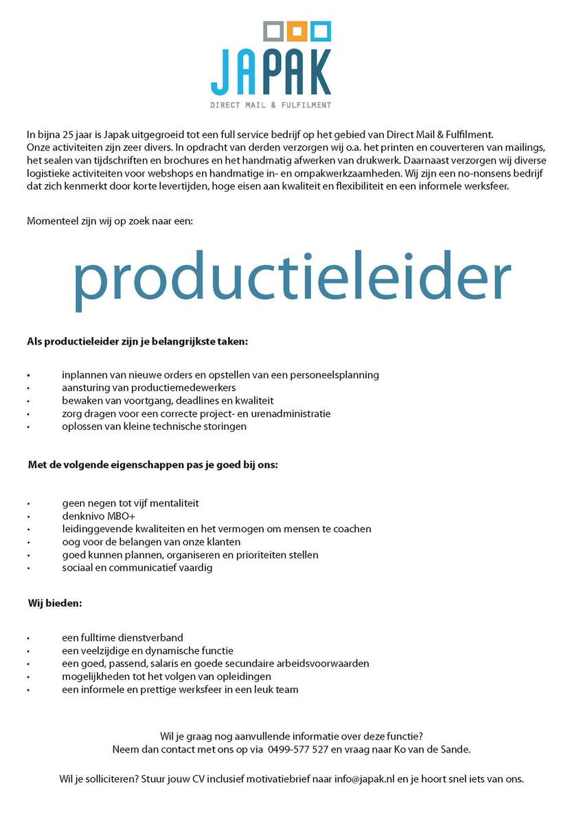 Toe aan een nieuwe uitdaging bij een leuk bedrijf? We zoeken een nieuwe productieleider. Meer info: