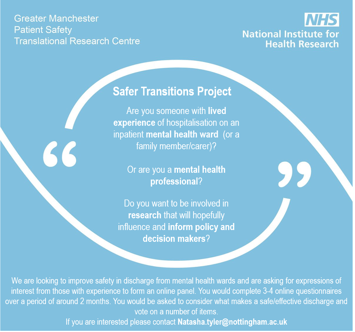 We are looking for expressions of interest from people with lived experience of mental health hospitalisation, family members/carers &amp; mental health professionals to be involved in our research. Message <a href="/MellorNatasha/">Natasha Mellor</a> for info. Please share @PSTRC_GM @dr_waring <a href="/DrNicolaWright/">Dr Nicola Wright</a>