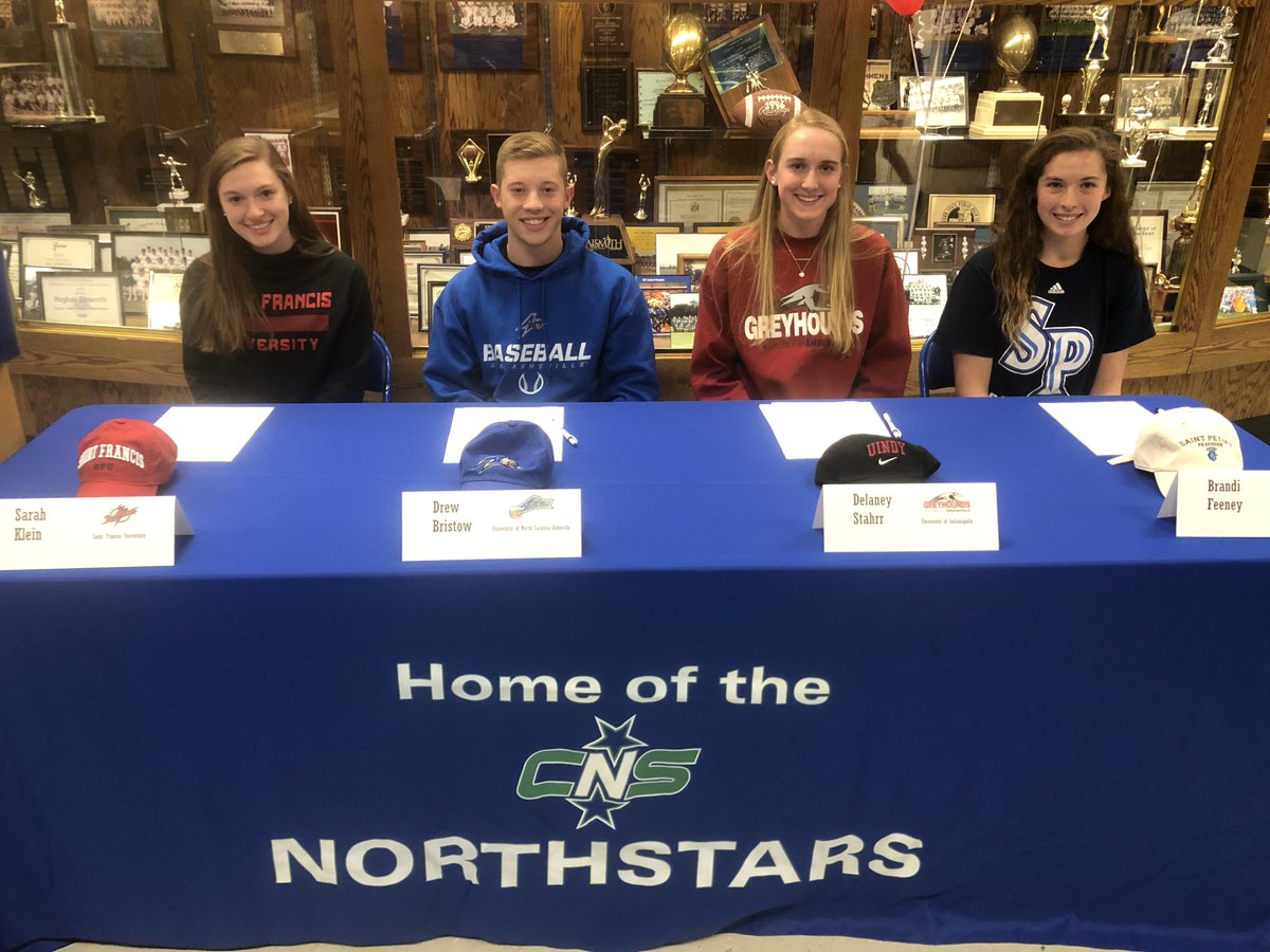 CNSAthletics's tweet photo. Congratulations to 4 CNS Seniors signing NLI
Sarah Klein- Saint Francis University -lacrosse 
Drew Bristow -UNC Asheville -baseball
Delaney Stahrr- U of Indianapolis-lacrosse
Brandi Feeney-Saint Peters University-softball
#northstarpride https://t.co/29Og9Rn8Ja