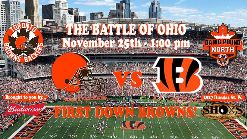TOBrownsBackers's tweet photo. Hope you all enjoyed your bye week, because it's time for THE BATTLE OF OHIO! DPN is sure to be full for this one, so get there early, and stay late for cornhole &amp; beer pong tourneys! 
#Browns #CLEvsCIN #Toronto #DawgPound #CanadianRollCall #NFL @BrownsBackers @Browns @NFLCanada https://t.co/E31jge9Vh0