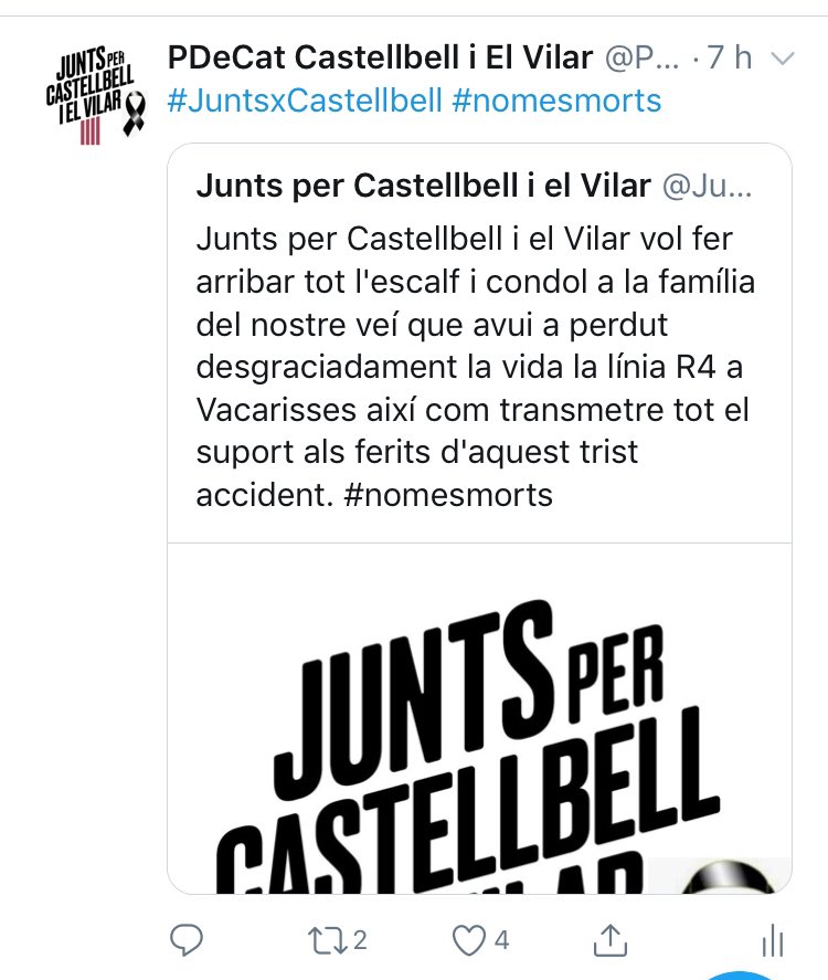 PDCCastellbell's tweet photo. @ferranvalls @Pdemocratacat @FaineMoises @davidbonvehi @JuntsxCastllbll @PDECAT_Bages @PDeCATCCENTRAL Bona nit @ferranvalls !
Completament d’acord.
Per això ja fa 7hores que hem fet públic el nostre condol. https://t.co/Ds1QO0JIpM