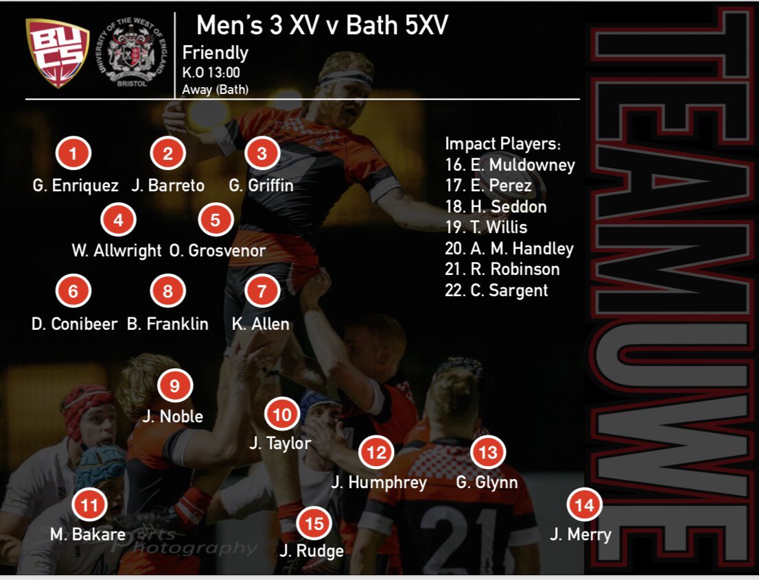 TEAM ANNOUNCEMENTS:
1XV take on @UniBristolRFC at home 📍
2XV take on @ExeterUniRFC 5XV at home 📍
3XV take on @UOBathRugby 5XV away to Bath 📍
#TeamUwe 🔴⚫️🔴