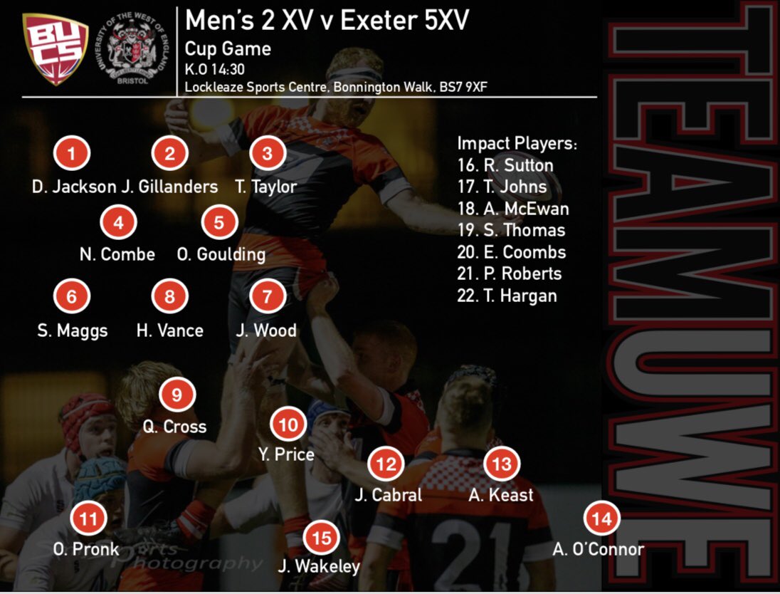 UWERUGBY's tweet photo. TEAM ANNOUNCEMENTS:
1XV take on @UniBristolRFC at home 📍
2XV take on @ExeterUniRFC 5XV at home 📍
3XV take on @UOBathRugby 5XV away to Bath 📍
#TeamUwe 🔴⚫️🔴 https://t.co/laz3lOkMQy