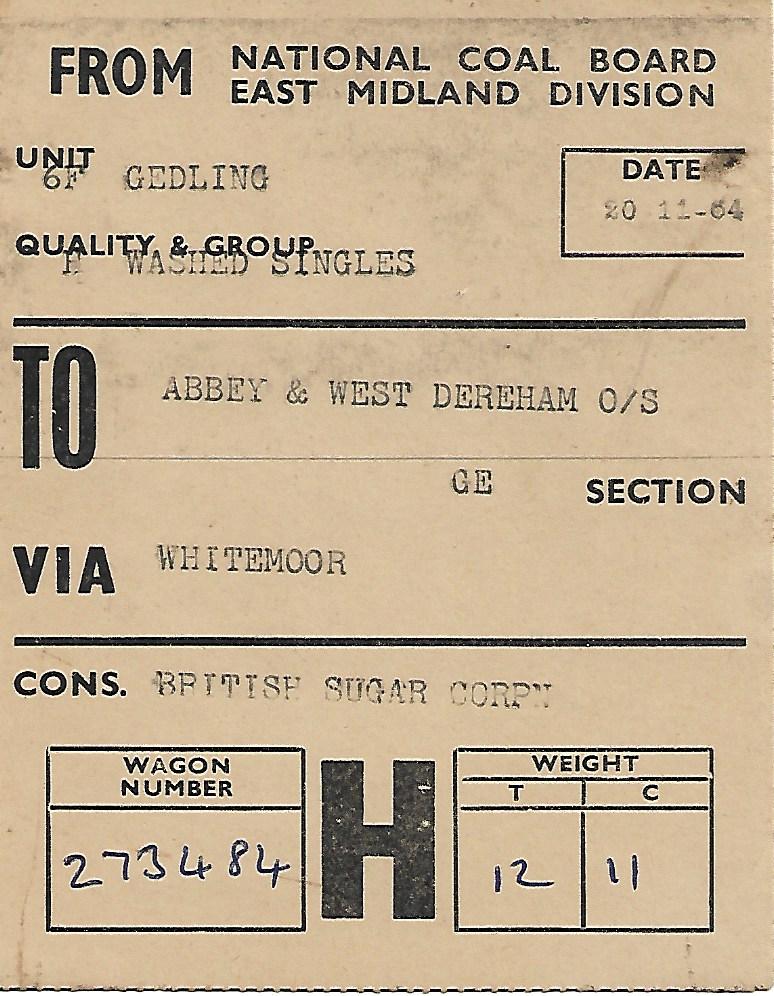 #RailwayWagonLabelaDay No.1471 : 20th November 1964 National Coal Board East Midland Division Gedling Unit Washed Singles in British Railways 16 Ton Mineral B273484 to Abbey &amp; West Dereham for British Sugar Corporation #Railfreight #WestDereham #Coal #NCB #Gedling #EastMidlands