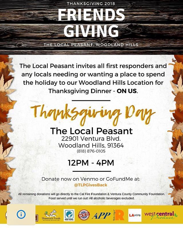 Karl Makinen (@karlmakinen) on Twitter photo Hey all, I am opening the restaurant <a href="/thelocalpeasant/">The Local Peasant</a> for a #Thanksgiving meal for first responders and anyone in need of a comforting meal who’s dealt with the recent tragedies in the valley and beyond. If you know someone please pass it along.
#godble… ift.tt/2FHTNXQ Hey all, I am opening the restaurant <a href="/thelocalpeasant/">The Local Peasant</a> for a #Thanksgiving meal for first responders and anyone in need of a comforting meal who’s dealt with the recent tragedies in the valley and beyond. If you know someone please pass it along.
#godble… ift.tt/2FHTNXQ