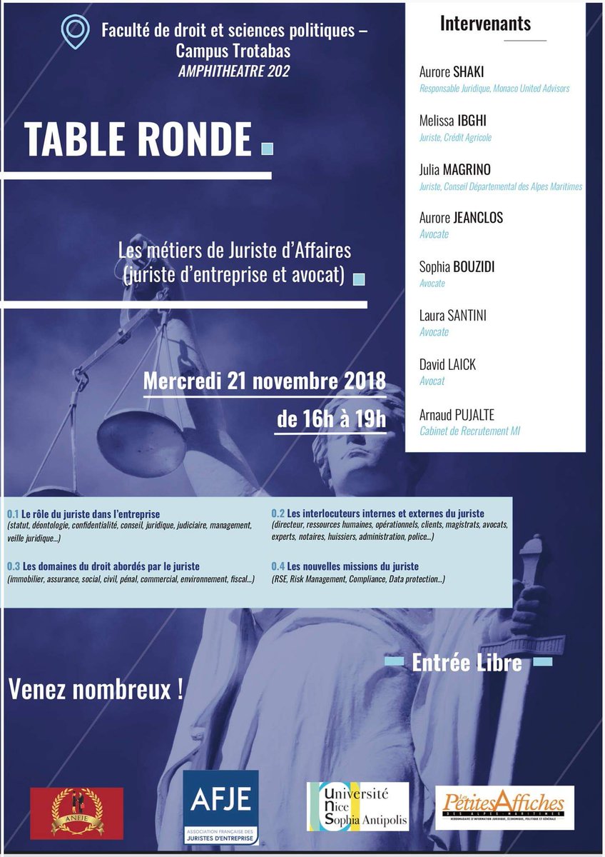 ANEJE06's tweet photo. Cher tous, 
Nous vous attendons demain à 16h pour la Table Ronde, amphi 202. 
Venez nombreux !!!  #UniversitéNiceSophiaAntipolis #UCA #law #droiteconomique #M2JA https://t.co/l9Nh8WxfSr