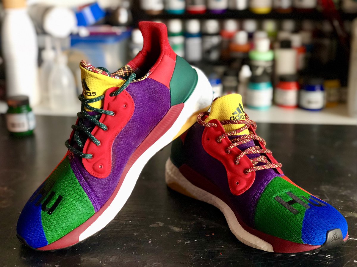 JacquardProduct's tweet photo. TK used Jacquard Textile Color to turn all white Solar Hu running shoes into these super colorful customs. Think of #TextileColor as heavy bodied #DyeNaFlow: it sinks into fabrics of all types and keeps the material soft and flexible, but it is thickened for maximum brush control https://t.co/9EITCye9n1