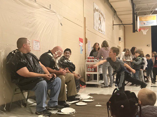 PrincipalAaronB's tweet photo. What a way to wrap up a short week! Pie in the Principal's face.. with some help from Mr. Bayron and Mr. Holcomb. Thank you for making out "Tiger Trot" a successful event for all of PLE! #pleroots #PLEPTA #funtimes https://t.co/yY3AR9iskr