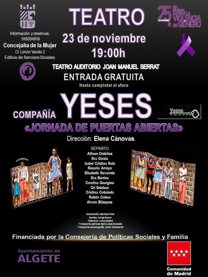 Aytodealgete's tweet image. #AlgeteContraLaViolenciaDeGénero
 COMPAÑÍA DE TEATRO #YESES
 
Si quieres pasar una divertida tarde no te lo puedes perder!

VIERNES 23 DE NOVIEMBRE  19:00H
#TeatroAuditorioJoanManuelSerrat
ENTRADA GRATUÍTA!
🙋‍♀️Reserva ya tu entrada!
Inscripciones:
Concejalía de Mujer: 
☎️916204901