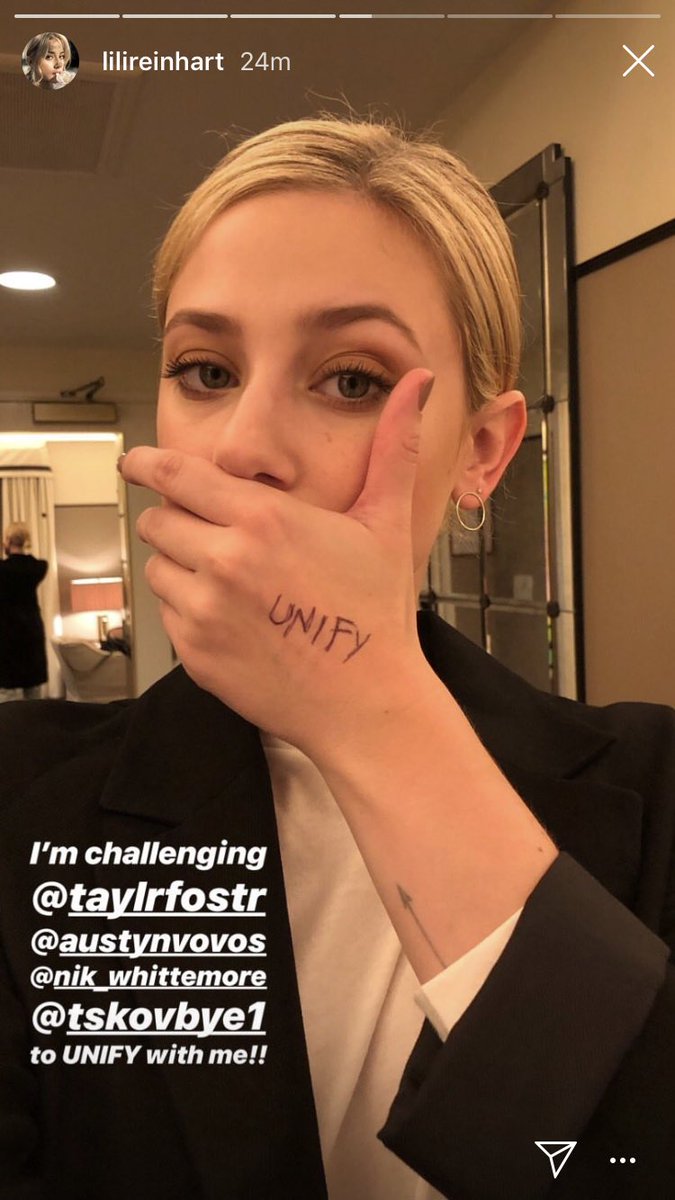 unifyagainst's tweet photo. Thank you @lilireinhart for raising awareness about the silence associated with bullying by taking the #UnifySelfieChallenge! We are truly honored to have Lili as a part of our #UnifyFamily ! When we stand together, we stand as one! #UnifyAgainstBullying #Riverdale #bettycooper https://t.co/ApwXYd6Swh