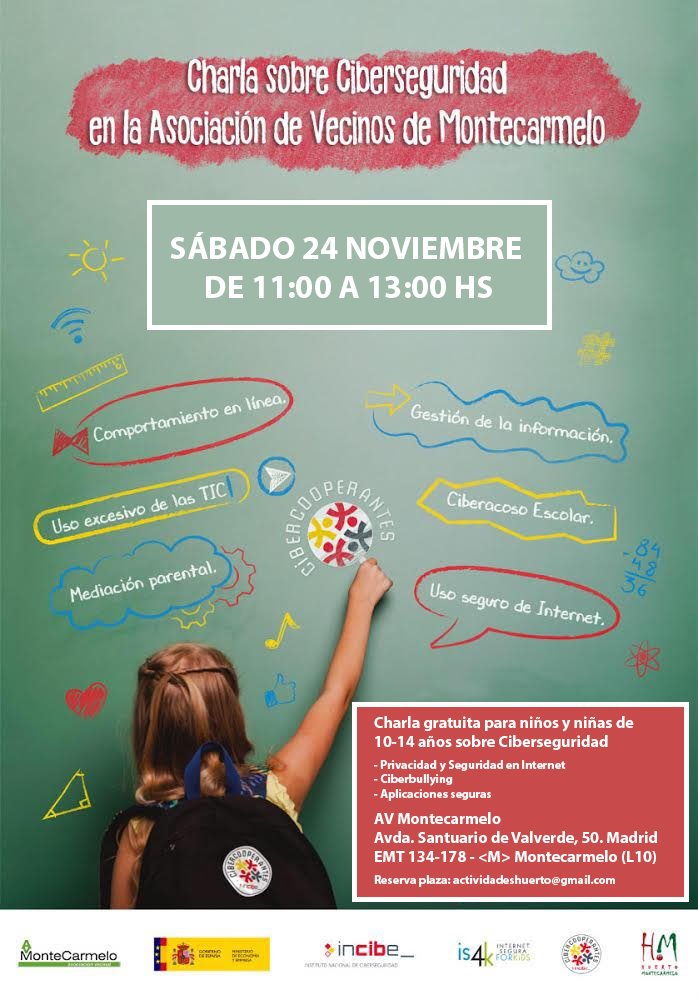 AVMontecarmelo's tweet photo. Charla de #Ciberseguridad para menores de 10 a 14 años organizada por el @huertomcarmelo. Sábado 24 noviembre en la @AVMontecarmelo. Actividad gratuita. https://t.co/4rBcbBzJz8