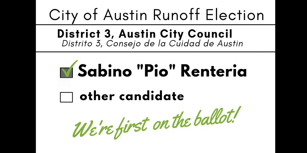 d3forpio's tweet photo. Our City Clerk has drawn ballot placement and we are FIRST! 
Election Day for the runoff is December 11th and Early Voting begins Nov 29th. #Runoff #ATXD3 #KeepPio https://t.co/wJlgpsA3Wa