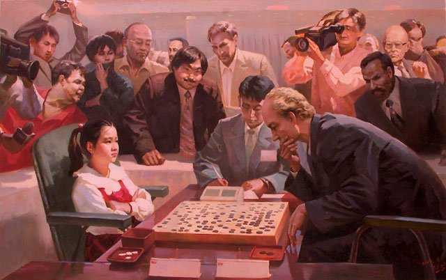 Another pair in the series: Jon McNaughton's latest painting of Trump on one side — and North Korean state "art" on the other. (h/t on the NK image:  https://www.vice.com/en_us/article/7b7vj9/behind-mansudae-the-most-prominent-art-institution-in-north-korea)