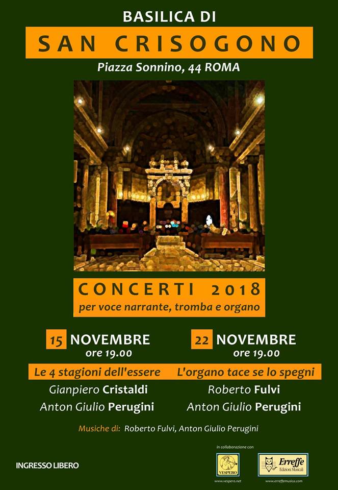 Ore 19.00.
Giov. 22 Novembre 2018
Roma Trastevere
Qualcosa di molto particolare.
Roberto Fulvi e #AntonGiulioPerugini 
L'organo tace se lo spegni