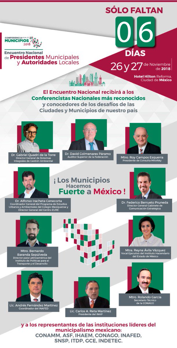 Conoce los Conferencistas e Instituciones de Alto Nivel que nos acompañarán en el Encuentro Nacional de Municipios #CAM2018. 
¡Faltan 6 días!

26-27 noviembre
Hotel Hilton Reforma, CDMX
📍bit.ly/2DCQ1gs
Registro: conferenciademunicipios.mx
#LosMunicipiosHacemosFuerteAMéxico