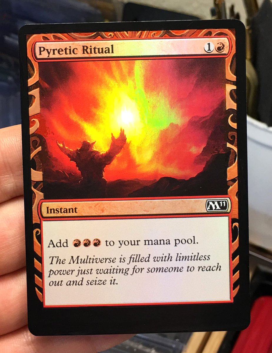 Flippi_on_x's tweet photo. Masterpiece alteration of Pyretic Ritual. I absolutely dig it and will easily allow it at my events. The artwork, name and manacost are still intact. Just the border was altered. #mtgalters #scourgealters https://t.co/ux79TmQn0Z