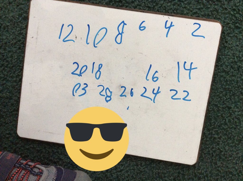 Ms_R_Smith's tweet photo. We are working on our student goals! Group 3: We wanted to learn to skip count by twos to 30 (for now then on to 50). We did counting circles (different start numbers), recorded our counting on whiteboards and solved a word problem by skip counting shoes by twos! https://t.co/3cUP5eucjD