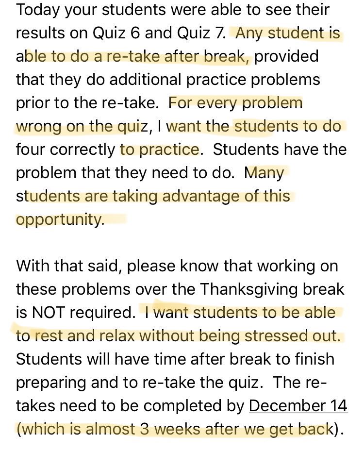 c_e_haakenson's tweet photo. Got this message as a parent today. Love it for so MANY reasons (see highlights). #retakesforeveryone #retakesareopportunities #practicemakeslearning #butfirstwerest https://t.co/tXMaQKdCKi
