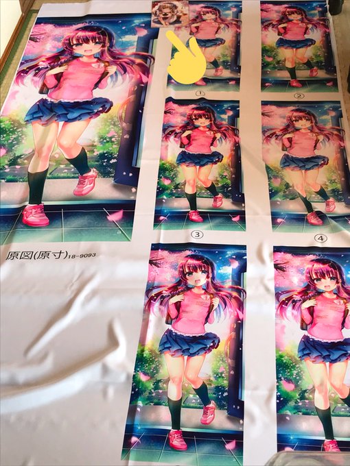 等身大タペストリーの色校正でかくて笑った比較用同人誌が豆ツブみたいだ…色バッチリ綺麗に印刷されてます!! 