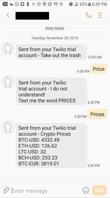 #noServerNovember - Challenge #9 Create a cron+ETL-backed crypto ticker.
Serverless is amazing.  Part 1 cron job grabs crypto prices puts into DB.  Part 2 Text Serverless the word 'Prices' and it will text back the crypto prices from DB.  Github Repo is github.com/clarkgrg/serve…