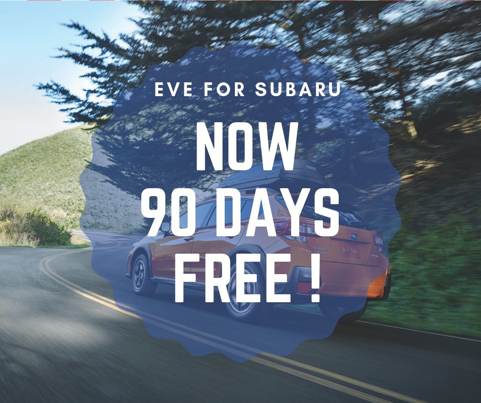 EVE for #Subaru now FREE for 90 days! 

Go here=>  eveforsubaru.com/registration

#STARLINK #EVEconnect #connectedcar  #smarthome #smartcar #smartvehicle #smartdevice