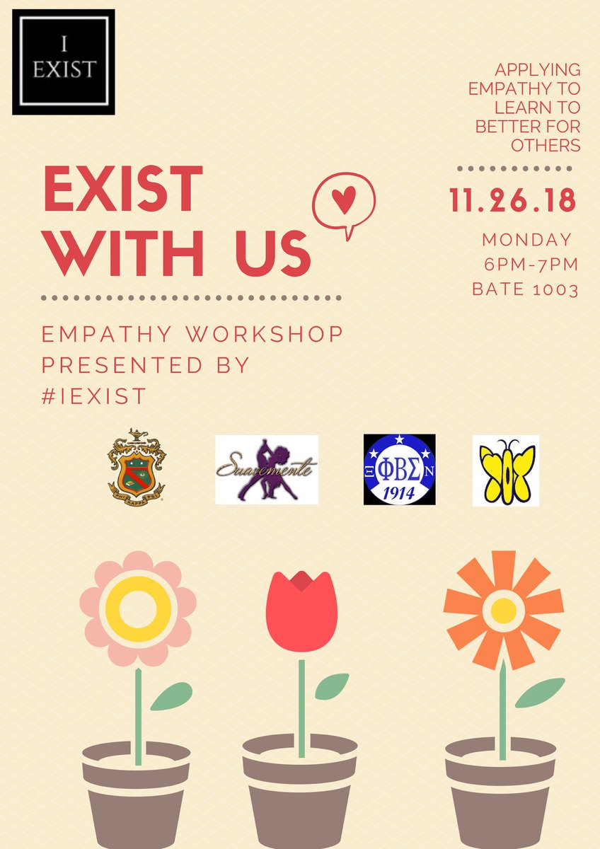Join us next Monday for “Exist with us” empathy workshop at <a href="/EastCarolina/">ECU</a> with Ashely from <a href="/EcuWgo/">ECU Women and Gender Office</a> , Jarmichael from <a href="/ECU_CRC/">ECU Recovery</a> and <a href="/phipsiecu/">Phi Kappa Psi ECU</a> <a href="/Suavemente_ECU/">Suavemente</a> <a href="/ECU_Sigmas1914/">ECU Sigmas</a> <a href="/ECU_SOEbflys/">ΣOE Sorority, Inc 🦋</a>